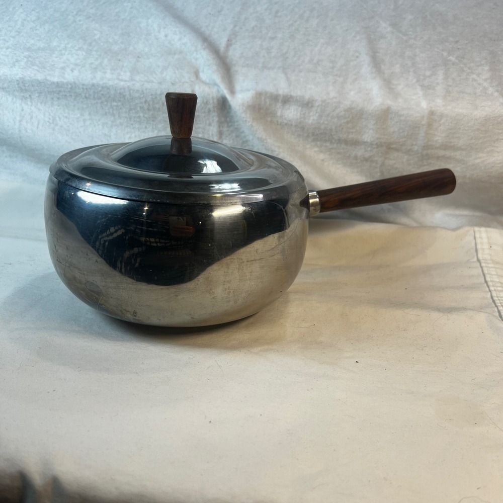 Vintage Stainless Steel Fondue Pot Wood Handle MCM Sauce Pan Made in‎ Japan